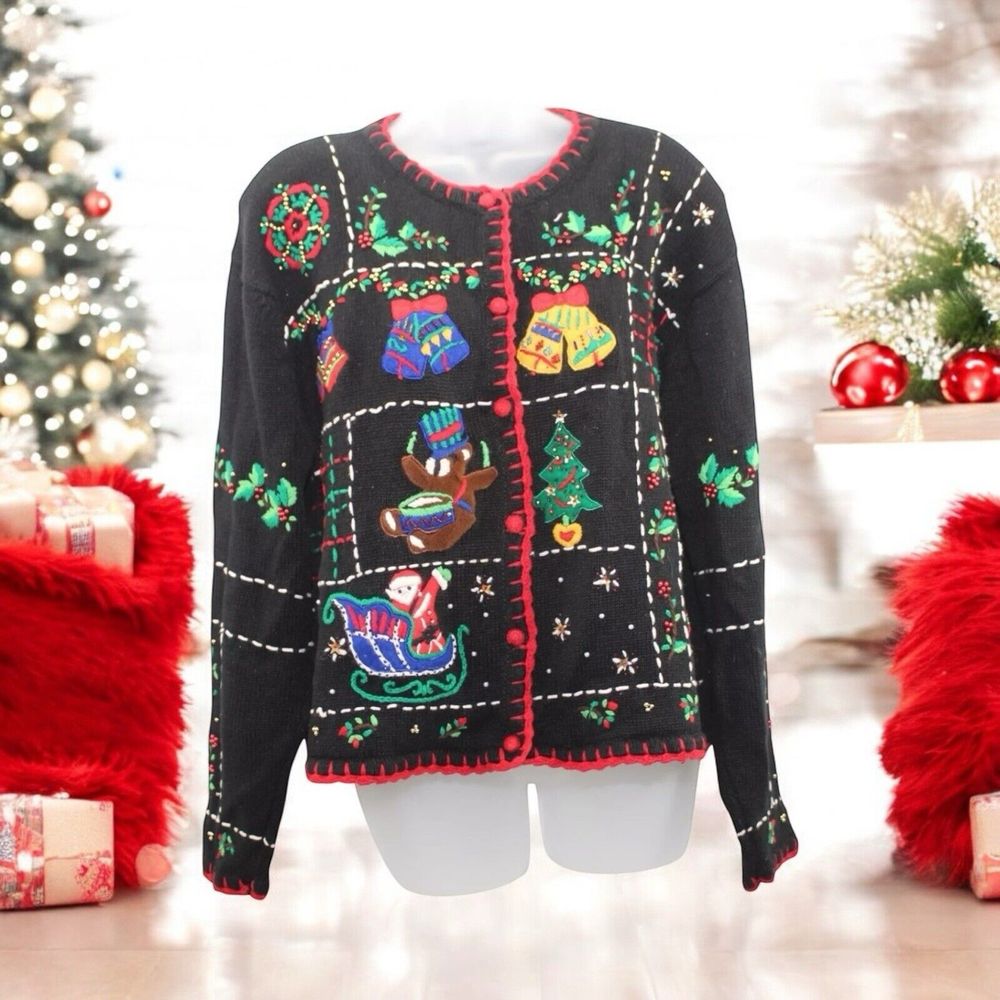 Vintage Ugly Christmas Sweater M Cardigan ,Santa,Mistletoe ,Christmas Tree